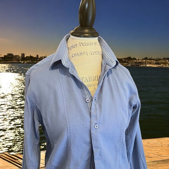 Franky Max cotton button down shirt. Baby blue with white stitching accent - Picture 4 of 16